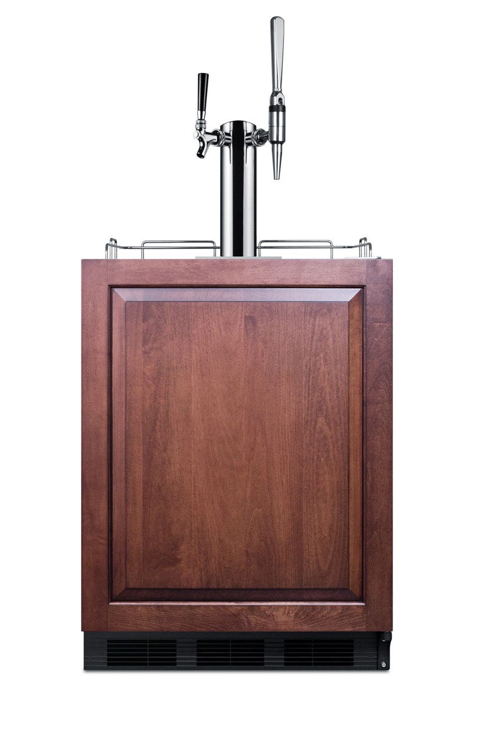 Built-in undercounter ADA height commercially listed dual tap combo nitro/cold brew coffee dispenser with panel-ready door and black cabinet